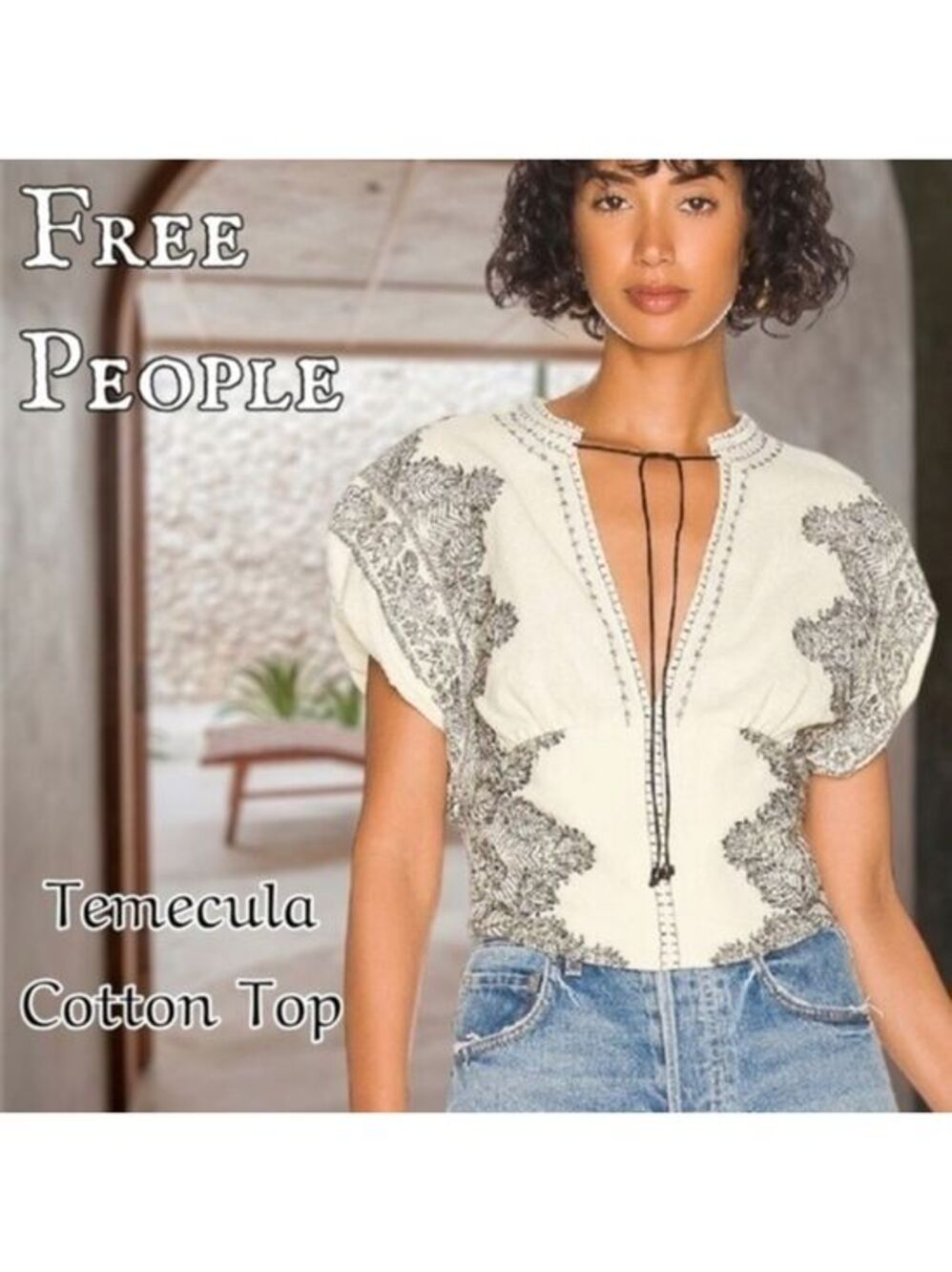 FREE PEOPLE Temecula Embroidered Deep V-Neck Tailored Cotton Crop Top-Sm/NWT